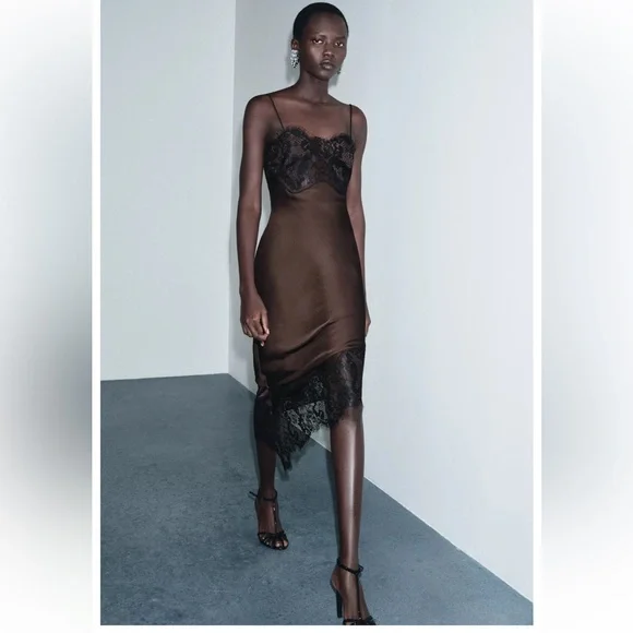 NWT Zara Asymmetric Satin Lace Dress in Black/ Brown Size M - Picture 2 of 16